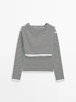 Джемпер из хлопкового трикотажа в полоску с деталями на рукавах- Заказать в России