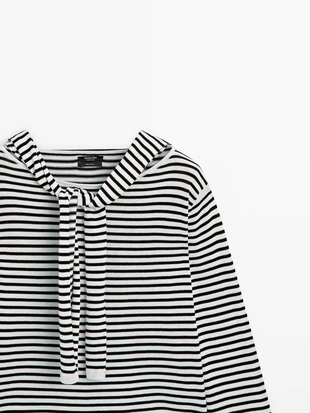 Джемпер из хлопкового трикотажа в полоску с деталями на рукавах- Заказать в России