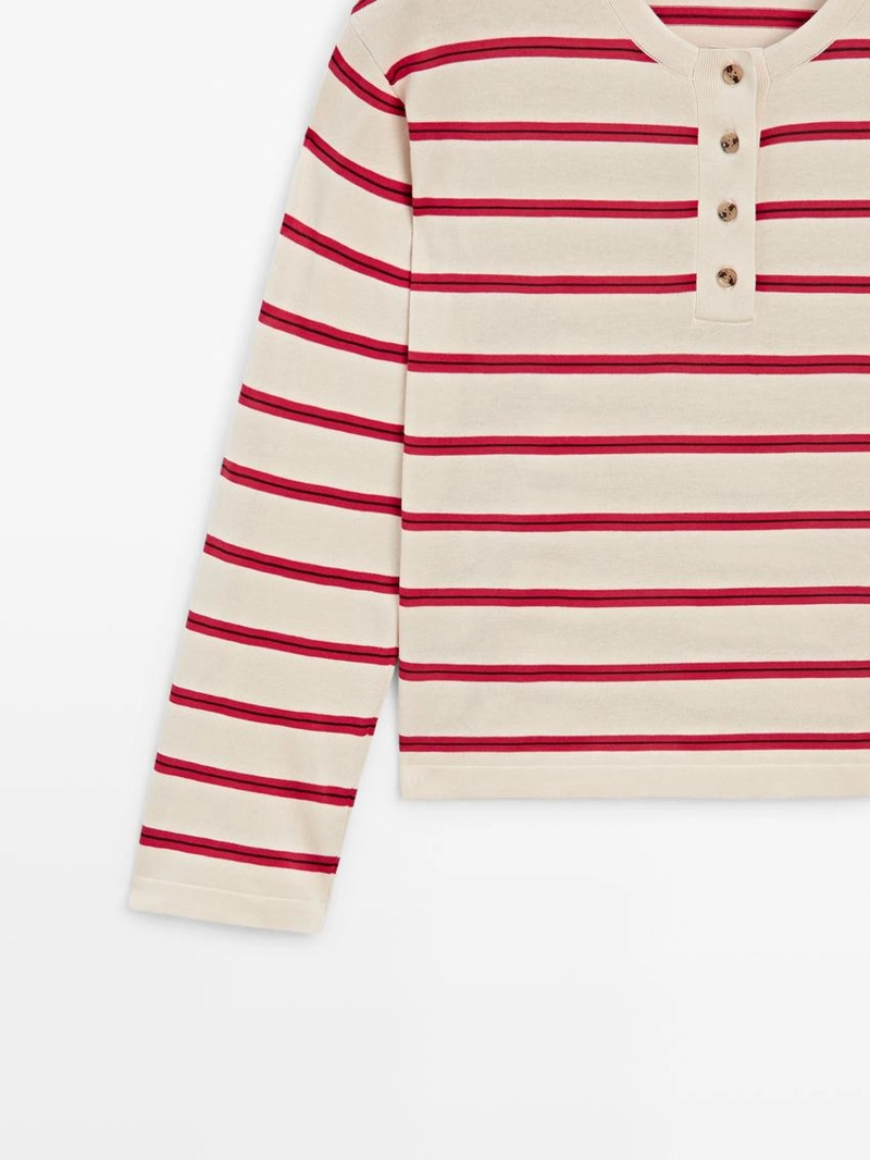 Вязанный хлопковый свитер с поло в полоску