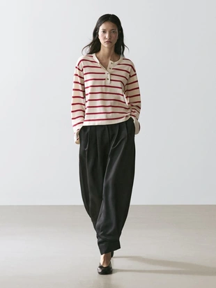 Вязанный хлопковый свитер с поло в полоску- Заказать в России