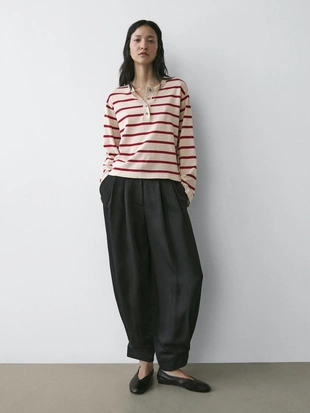 Вязанный хлопковый свитер с поло в полоску- Заказать в России