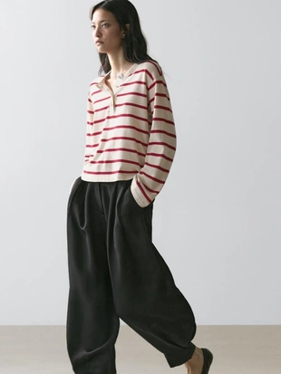 Вязанный хлопковый свитер с поло в полоску- Заказать в России