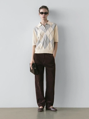 Водолазка с поло из джерси с узором из алмазной вязки- Заказать в России