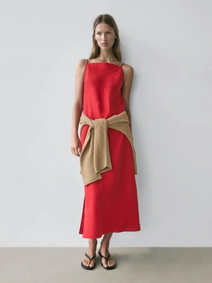 Миди-платье из льна с прямым вырезом- Заказать в России