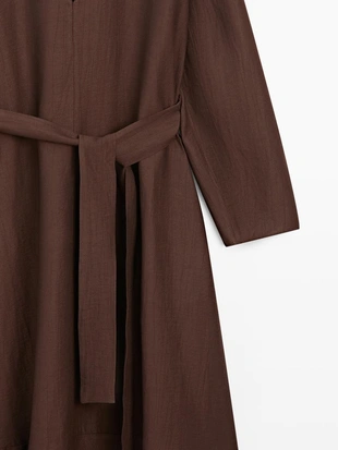 Платье-миди из льняно-вискозной ткани с поясом- Заказать в России