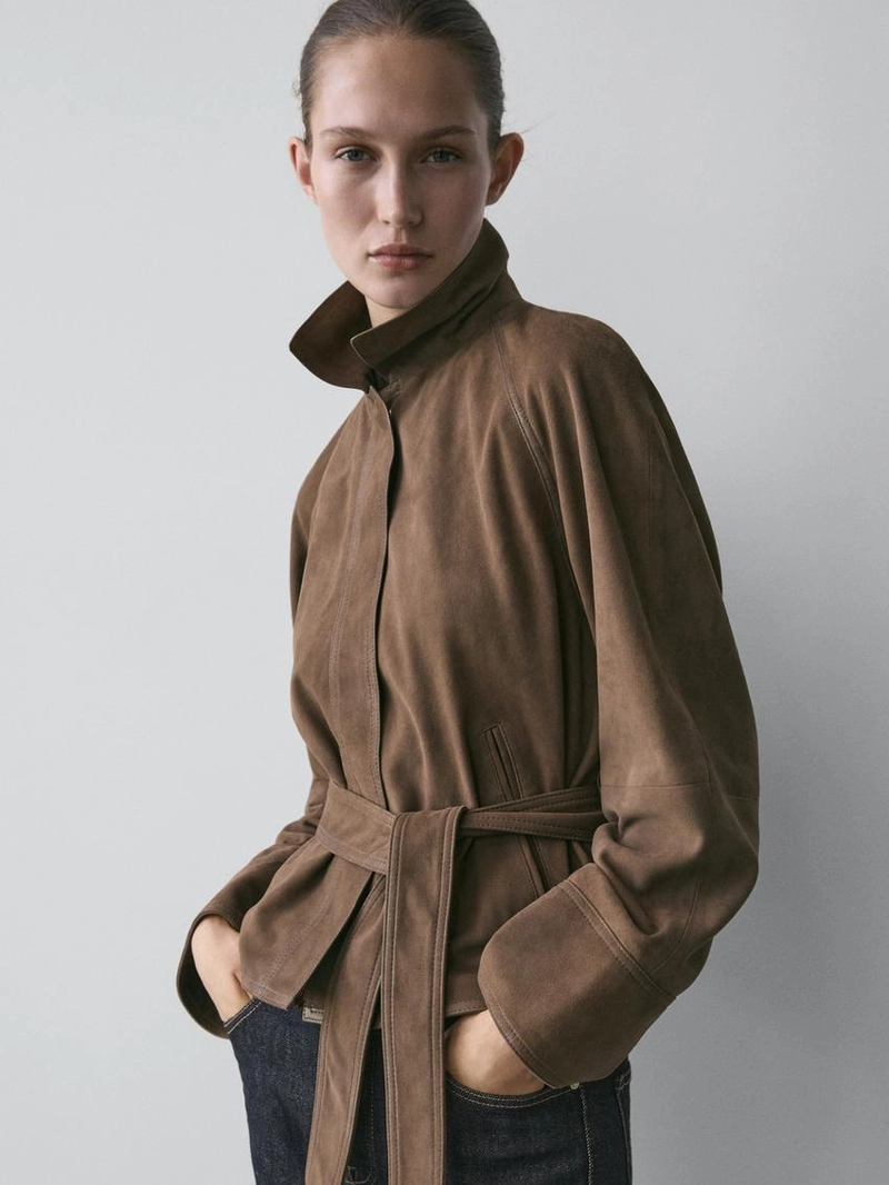 Замшевая кожаная куртка с поясом