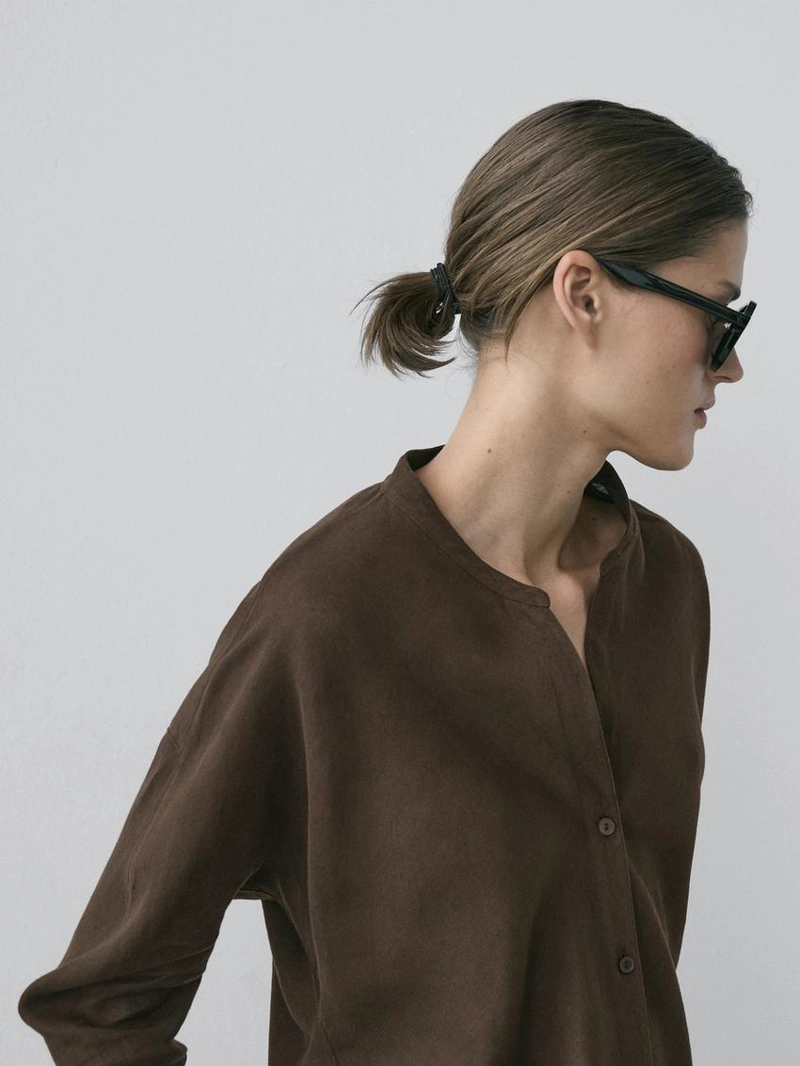 Рубашка с воротником стойкой из 100% льна