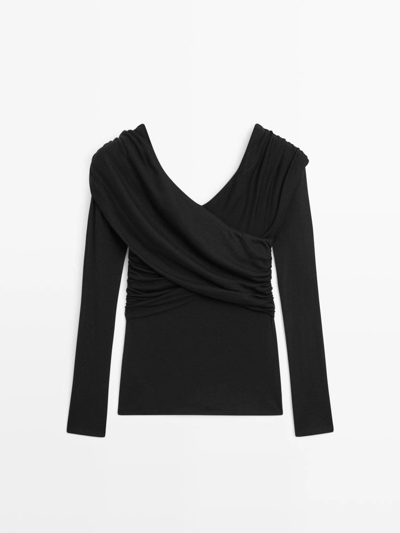 Топ с открытыми плечами из смесовой ткани ленцелла и шерсти