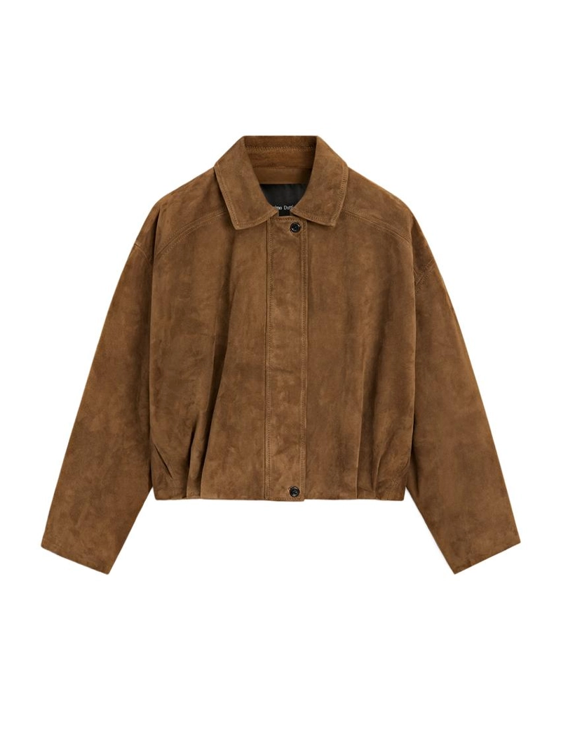 Короткая кожаная бомбер-куртка из замши