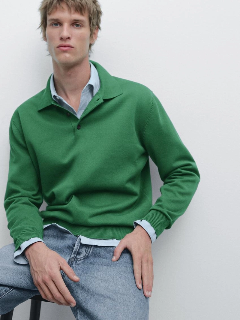 Свитер с воротником-поло из хлопкового трикотажа
