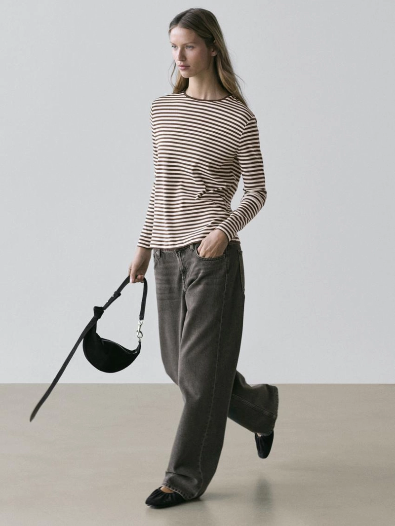 Футболка с длинным рукавом в полоску с контрастной отделкой