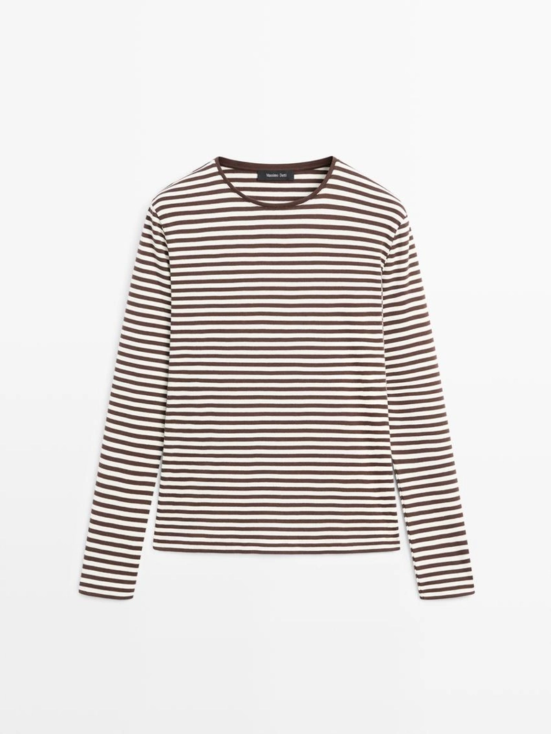 Футболка с длинным рукавом в полоску с контрастной отделкой