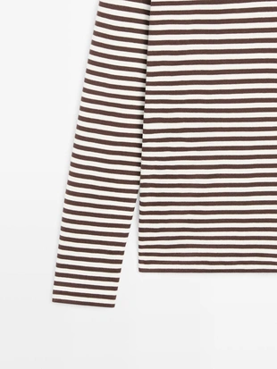 Футболка с длинным рукавом в полоску с контрастной отделкой- Заказать в России