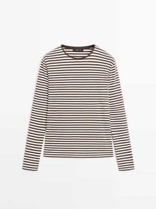 Футболка с длинным рукавом в полоску с контрастной отделкой- Заказать в России