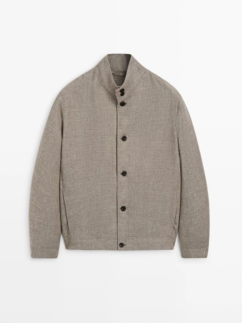 Куртка-бомбер из смесового льна с деталями воротника