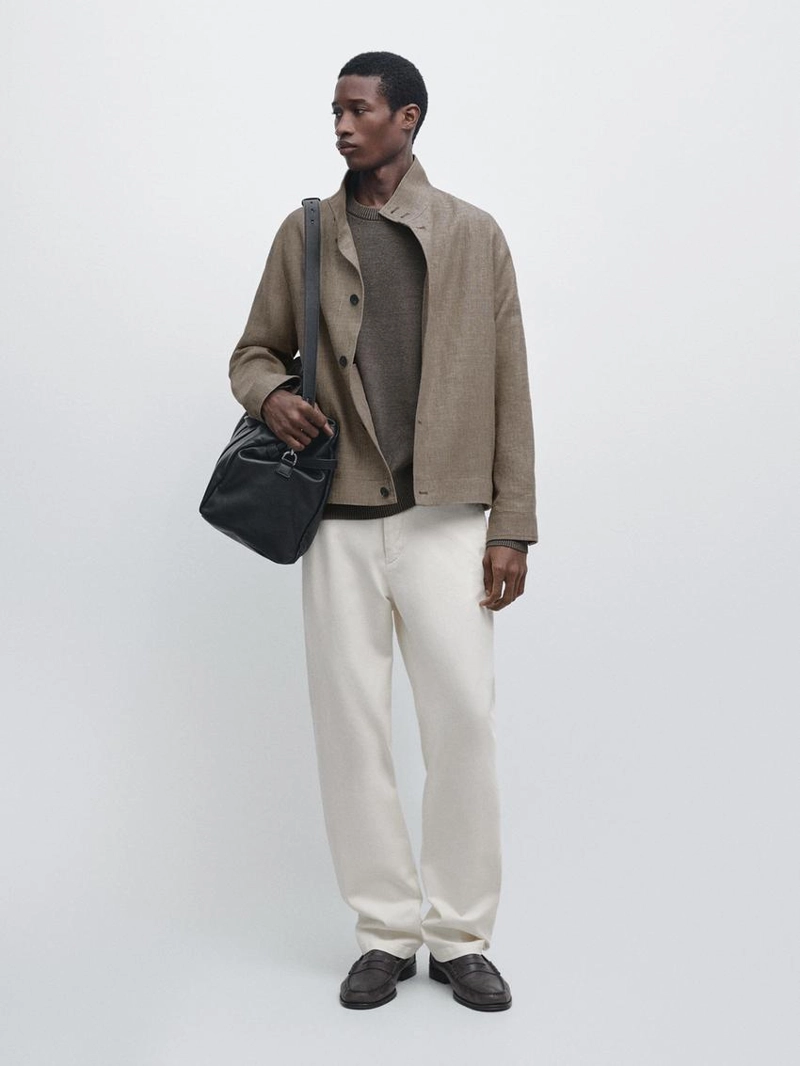 Куртка-бомбер из смесового льна с деталями воротника