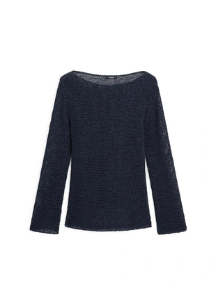 Dark Blue|5634/543 - Massimo Dutti Вязанный свитер из хлопкового смесового волокна с лодочным вырезом