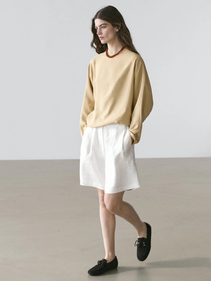 100% льняные короткие плиссированные бермуды