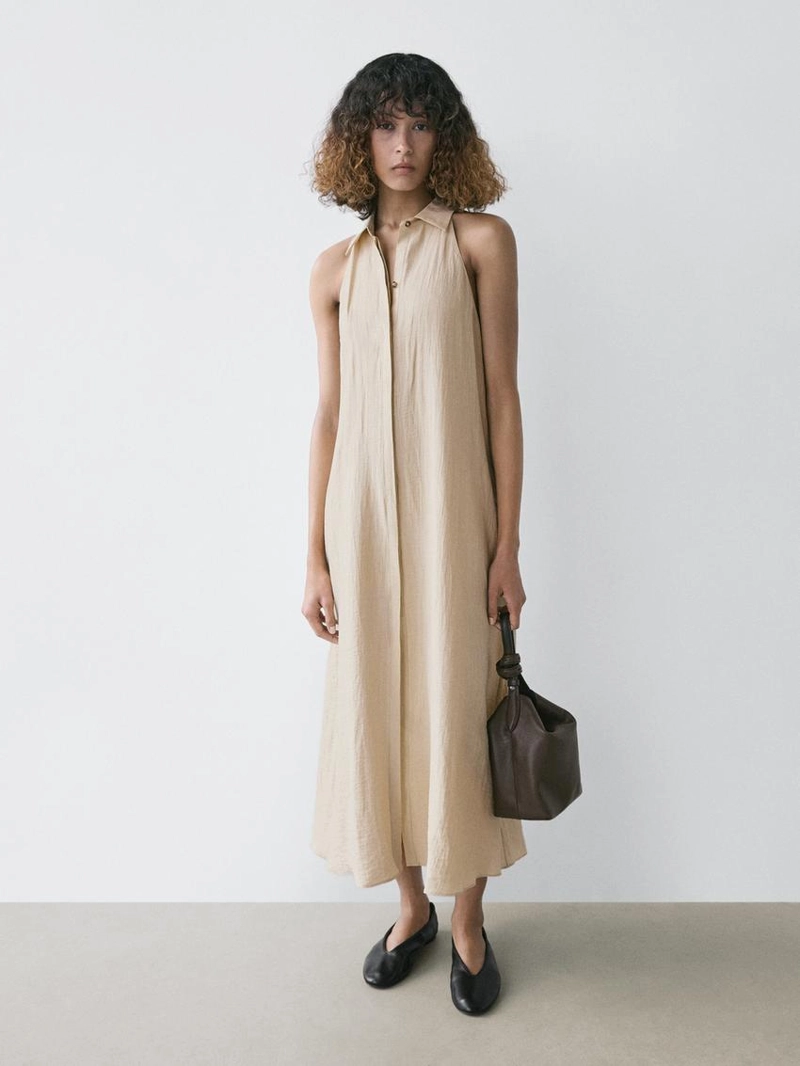 Платье миди с воротником поло из льняно-бавовняной ткани