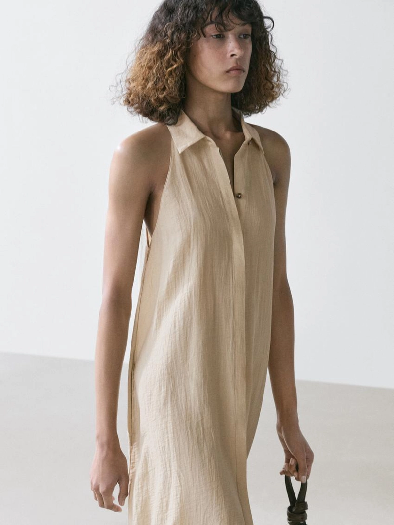 Платье миди с воротником поло из льняно-бавовняной ткани