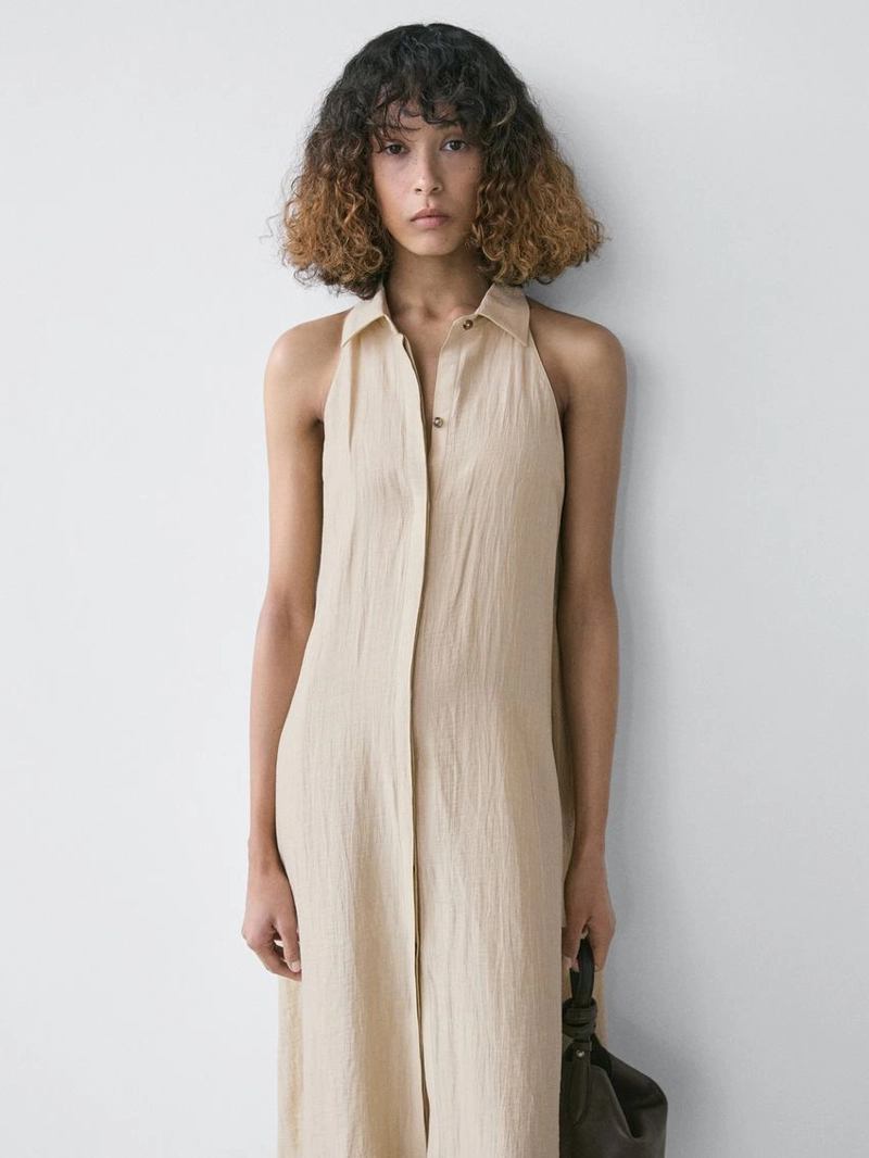 Платье миди с воротником поло из льняно-бавовняной ткани