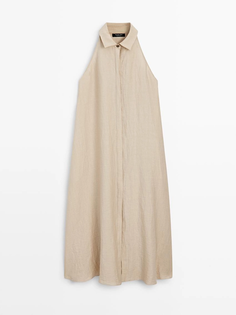Платье миди с воротником поло из льняно-бавовняной ткани