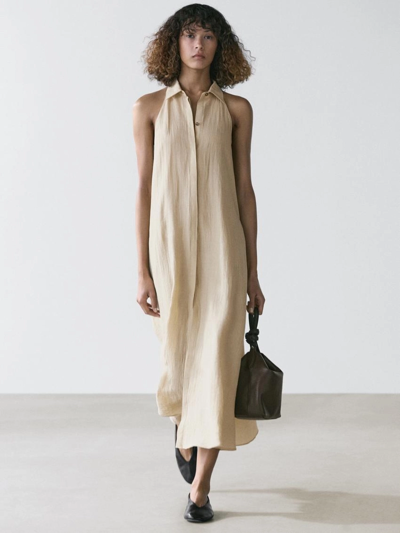 Платье миди с воротником поло из льняно-бавовняной ткани