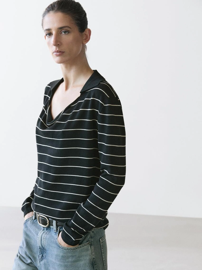 Полосатый вязаный свитер поло из хлопка