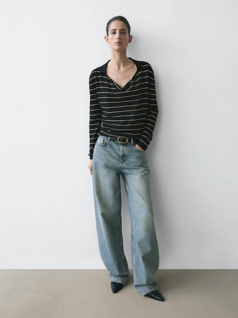 Полосатый вязаный свитер поло из хлопка