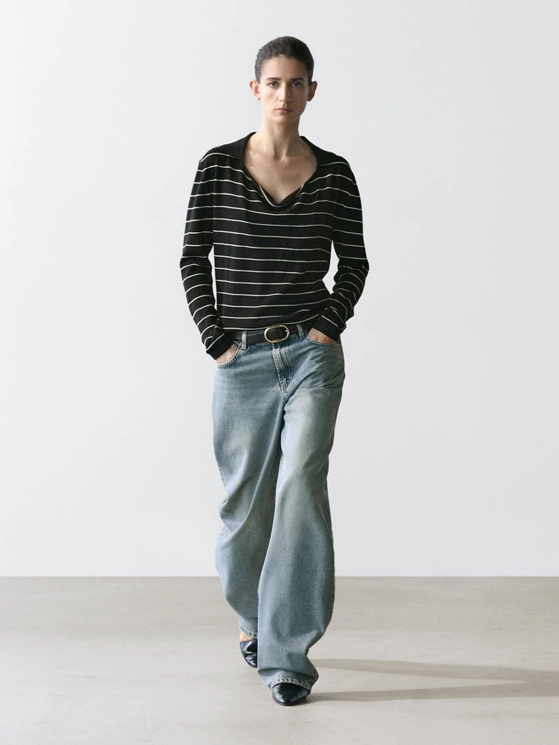 Полосатый вязаный свитер поло из хлопка