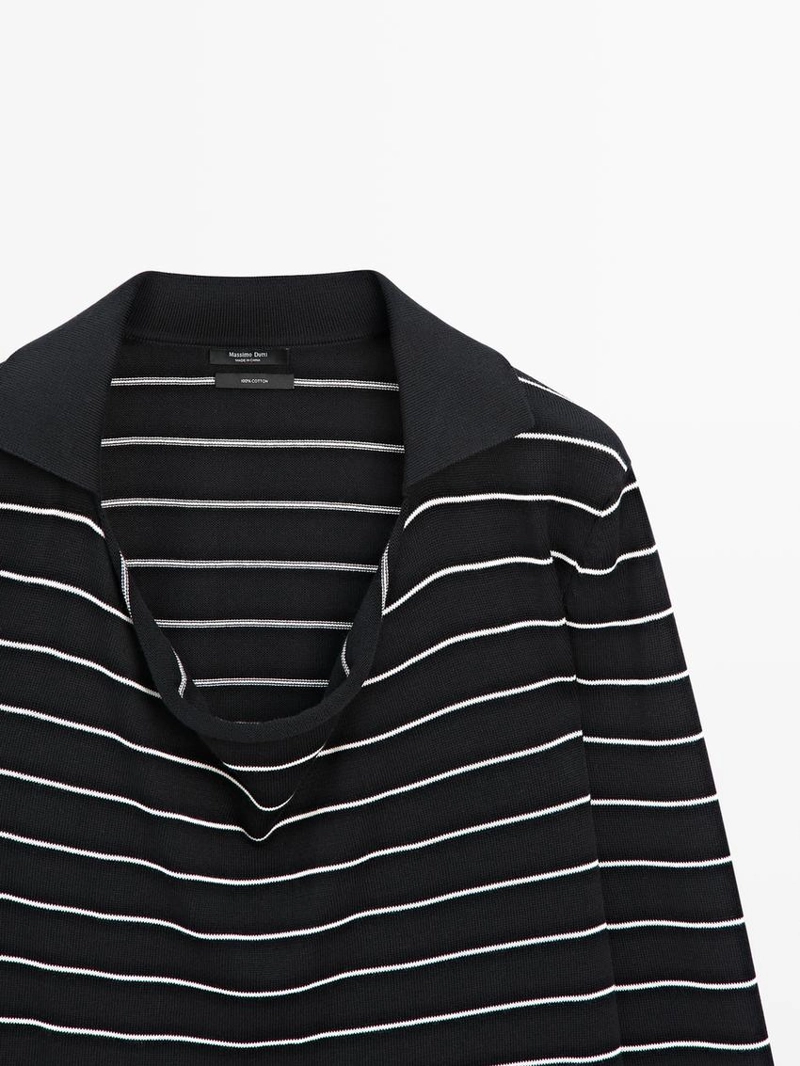 Полосатый вязаный свитер поло из хлопка