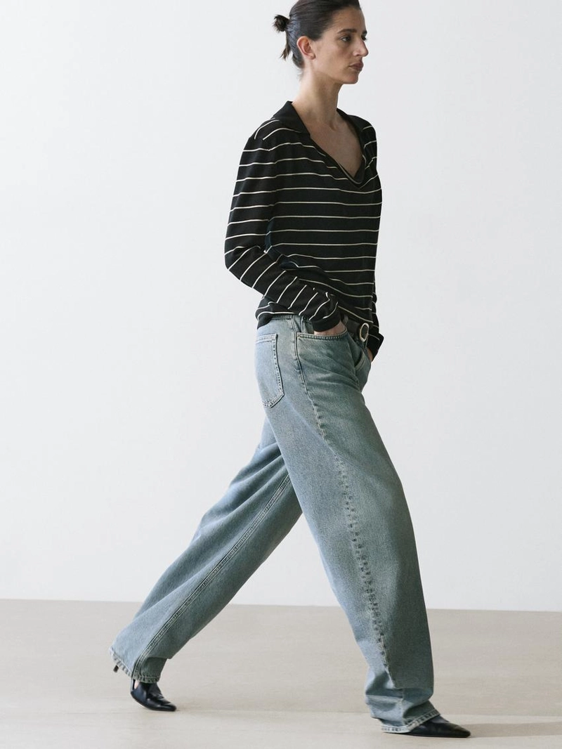 Полосатый вязаный свитер поло из хлопка