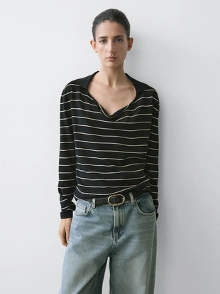 Полосатый вязаный свитер поло из хлопка- Заказать в России