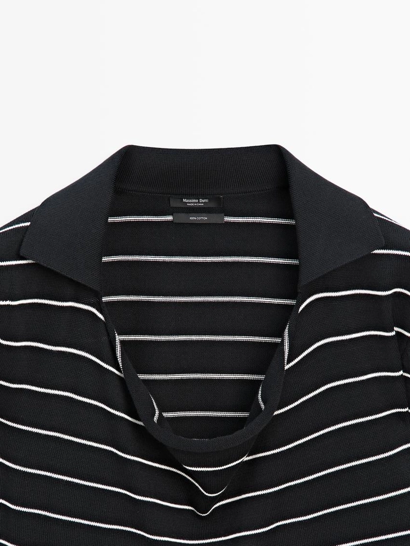 Полосатый вязаный свитер поло из хлопка