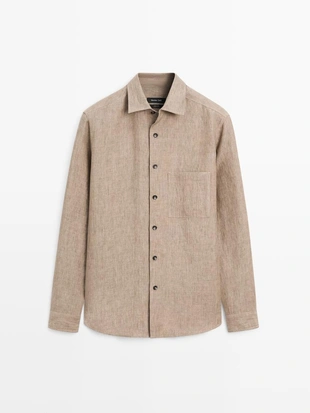 Рубашка из льна с карманом regular fit и потертостями- Заказать в России