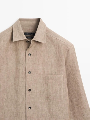 Рубашка из льна с карманом regular fit и потертостями- Заказать в России