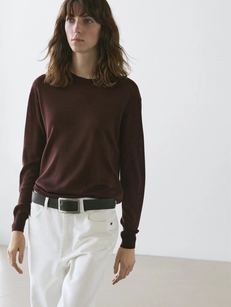 Тонкий вязаный свитер с круглым вырезом, 100% шерсть