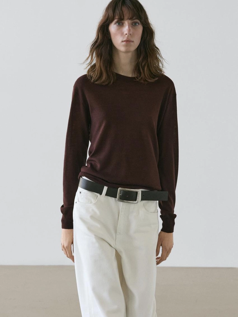 Тонкий вязаный свитер с круглым вырезом, 100% шерсть