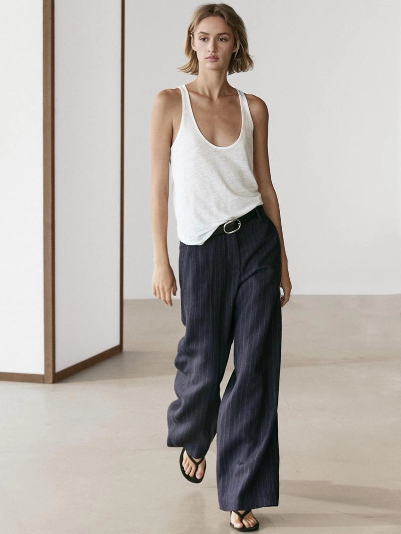 Широкие льняные брюки в полоску