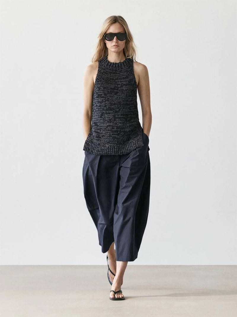 Брюки из хлопкового смесового материала широкого покроя