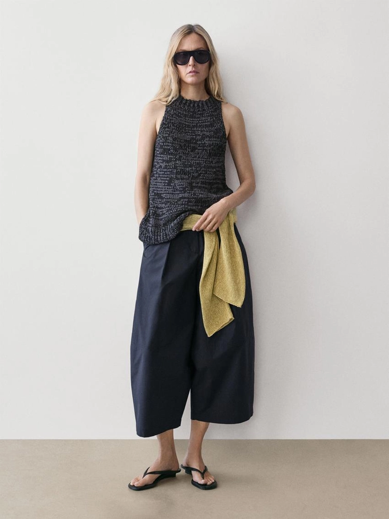 Брюки из хлопкового смесового материала широкого покроя