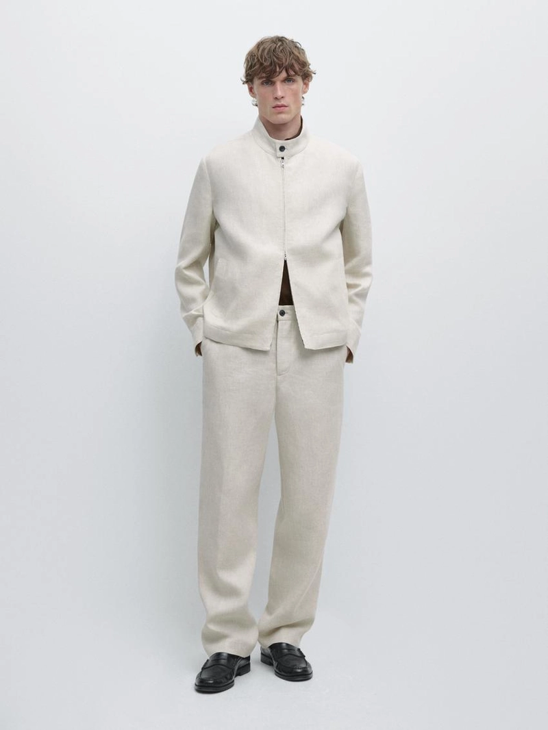 Короткий льняной пиджак с вставкой из штаниной