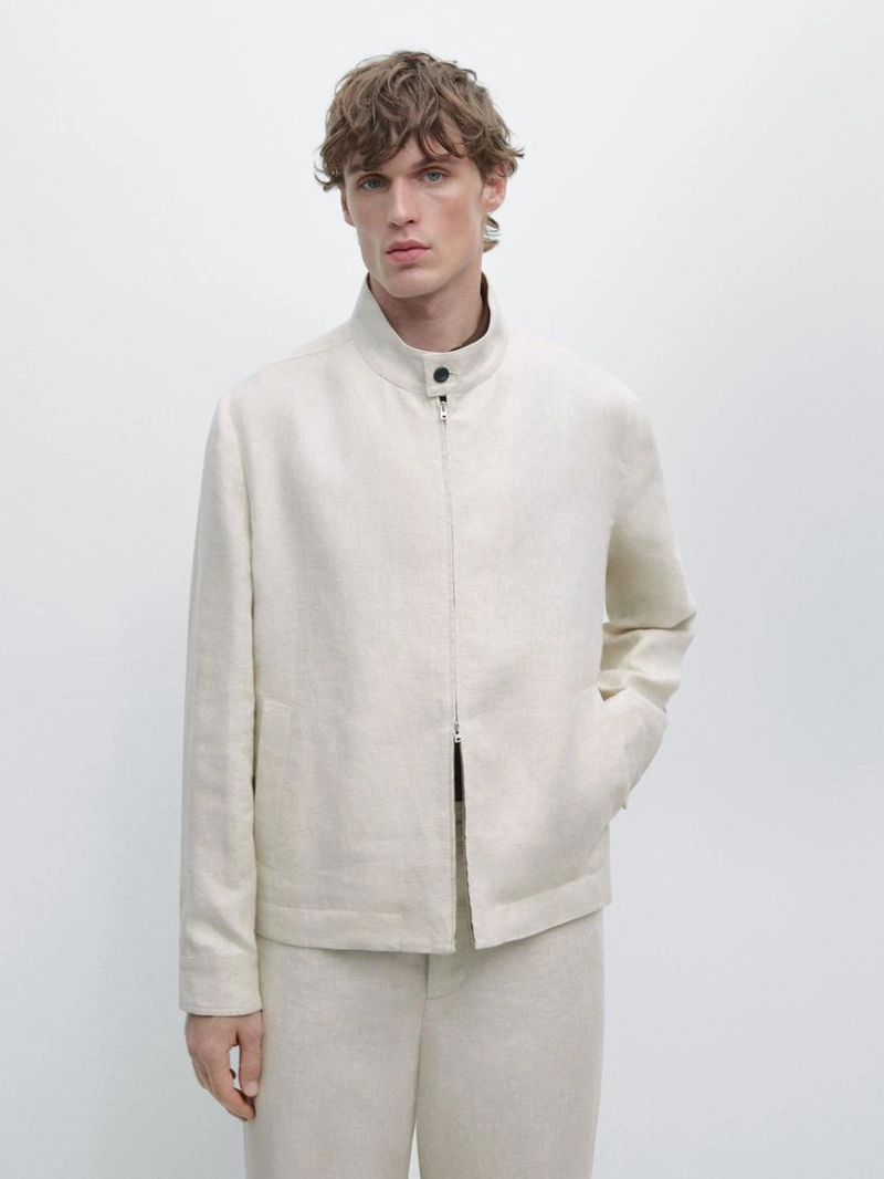 Короткий льняной пиджак с вставкой из штаниной