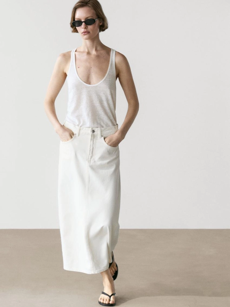 Джинсовая юбка миди силуэта бочонок