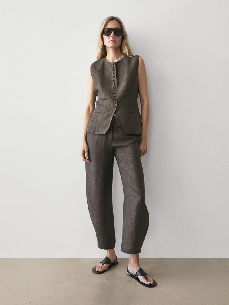 Жилет-жакет с перекрестным запахом из льна и деталями завязки