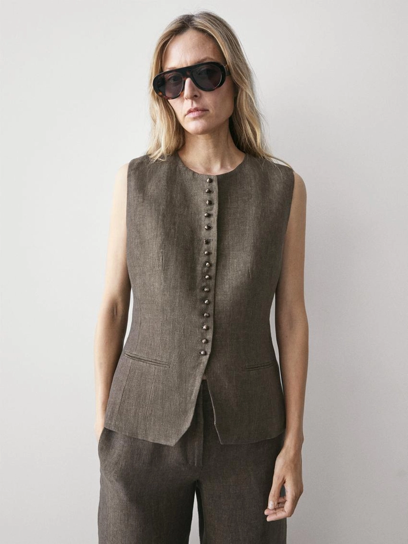 Жилет-жакет с перекрестным запахом из льна и деталями завязки