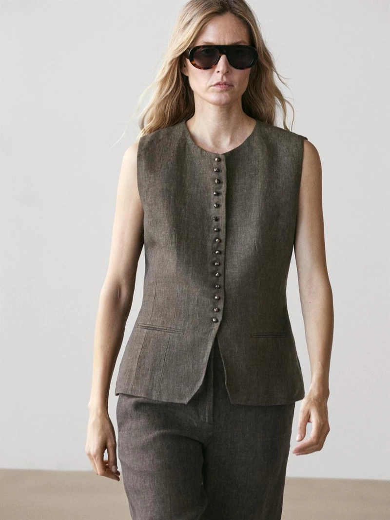 Жилет-жакет с перекрестным запахом из льна и деталями завязки