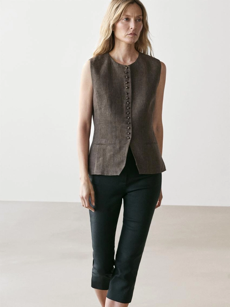 Жилет-жакет с перекрестным запахом из льна и деталями завязки