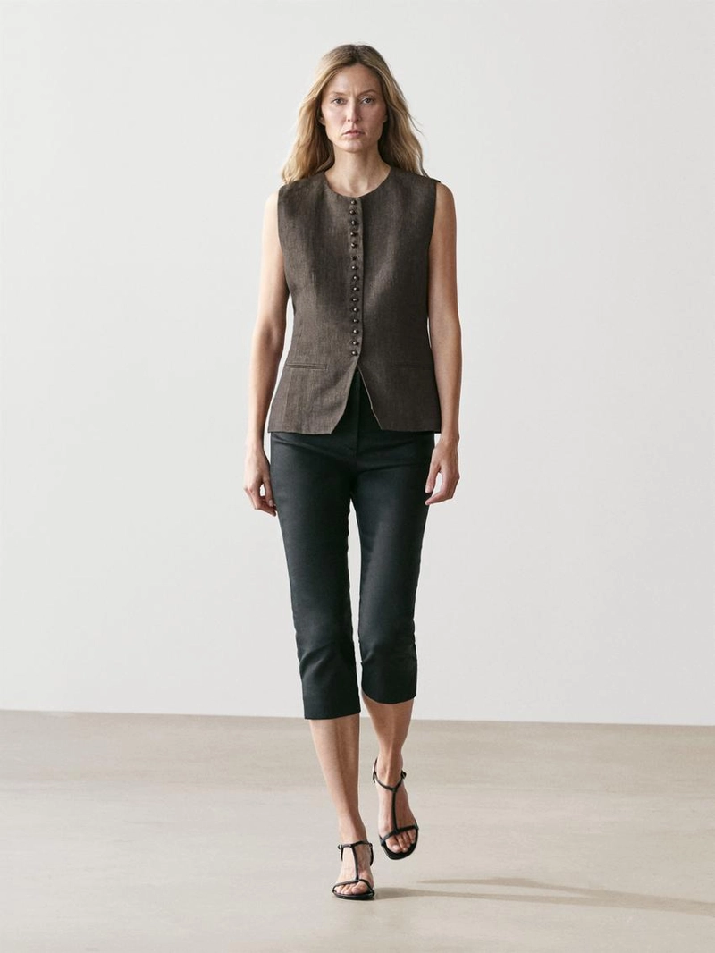 Жилет-жакет с перекрестным запахом из льна и деталями завязки