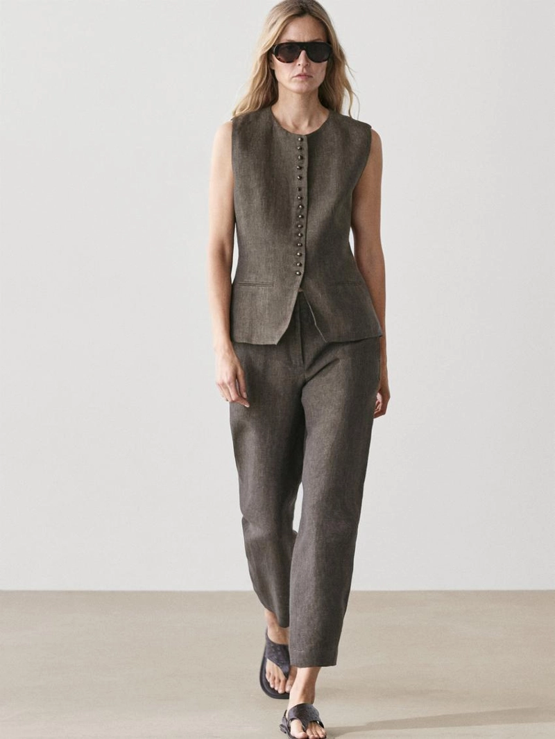 Жилет-жакет с перекрестным запахом из льна и деталями завязки